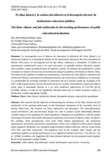 El clima laboral y la satisfacción laboral en el desempeño docente de instituciones educativas públicas