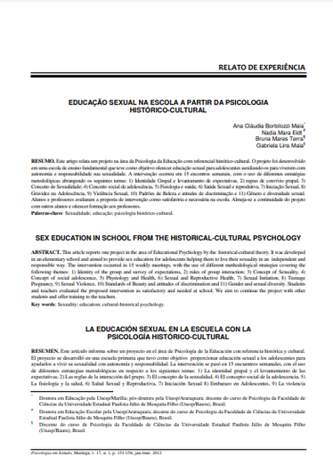 Educação sexual na escola a partir da psicologia histórico-cultural