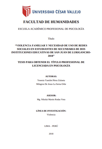 VIOLENCIA FAMILIAR Y NECESIDAD DE USO DE REDES SOCIALES EN ESTUDIANTES DE SECUNDARIA