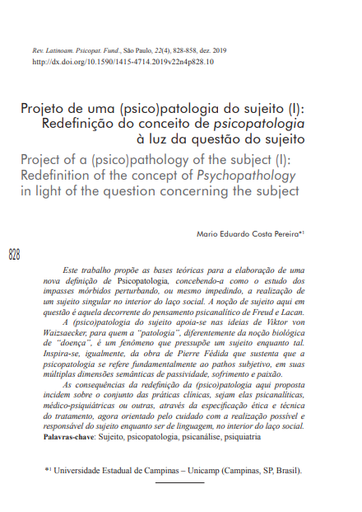 Projeto de uma (psico)patologia do sujeito (I): Redefinição do conceito de psicopatologia à luz da questão do sujeito