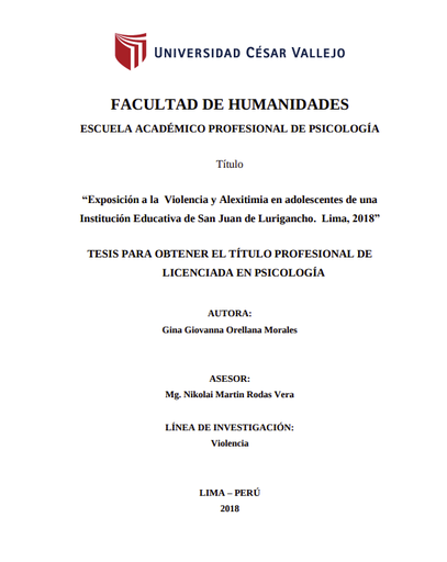 Exposición a la Violencia y Alexitimia en adolescentes de una Institución Educativa de San Juan de Lurigancho. Lima, 2018