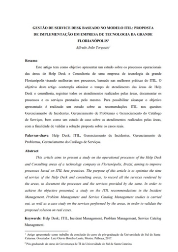 Gestão de service desk baseado no modelo ITIL: proposta de implementação em empresa de tecnologia da Grande Florianópolis