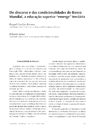 Do discurso e das condicionalidades do Banco Mundial, a educação superior &quot;emerge&quot; terciária