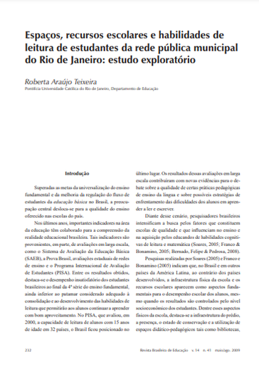 Espaços, recursos escolares e habilidades de leitura de estudantes da rede pública municipal do Rio de Janeiro: estudo exploratório