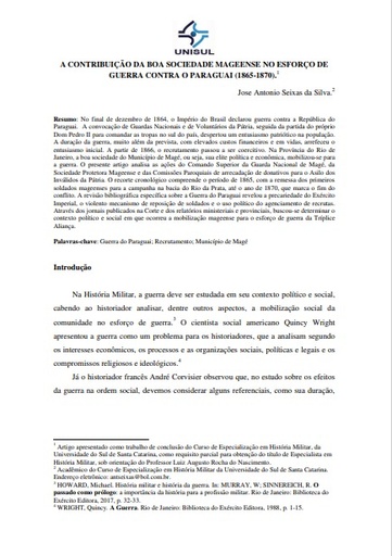 A contribuição da boa sociedade mageense no esforço de guerra contra o Paraguai (1865-1870)