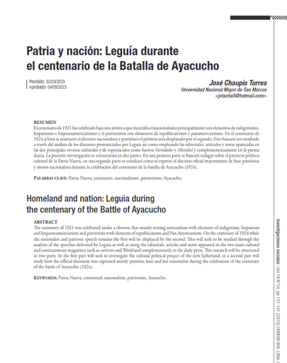 Patria y nación: Leguía durante el centenario de la Batalla de Ayacucho