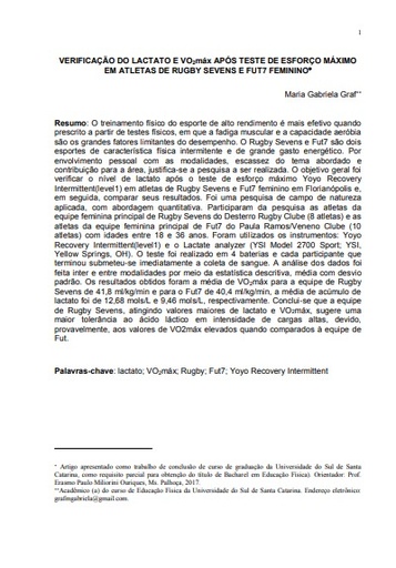 Verificação do lactato e Vo2máx após teste de esforço máximo em atletas de Rugby Sevens e Fut6 feminino