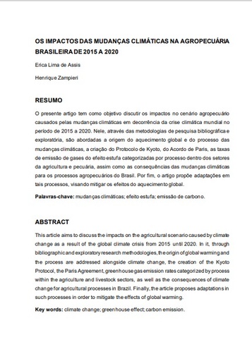 Os impactos das mudanças climáticas na agropecuária brasileira de 2015 a 2020