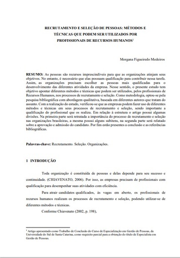 Recrutamento e seleção de pessoas: métodos e técnicas que podem ser utilizados por profissionais de recursos humanos