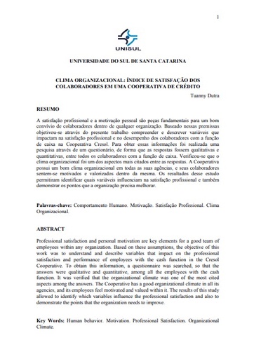 Clima organizacional: índice de satisfação dos colaboradores em uma cooperativa de crédito