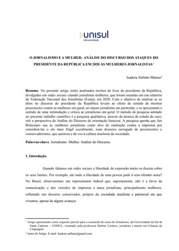 O jornalismo e a mulher: análise do discurso dos ataques do presidente da república em 2020 às mulheres jornalistas