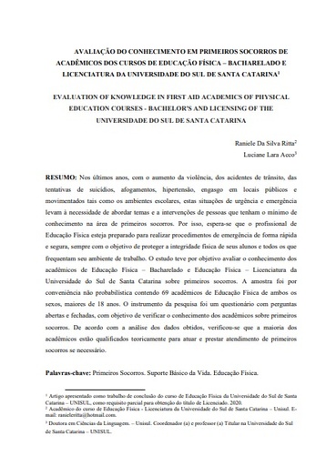 Avaliação do conhecimento em primeiros socorros de acadêmicos dos cursos de educação física – bacharelado e licenciatura da Universidade do Sul de Santa Catarina