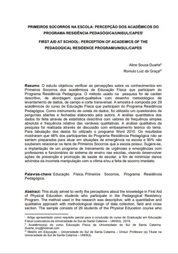 Primeiros socorros na escola: percepção dos acadêmicos do programa residência pedagógica/Unisul/Capes