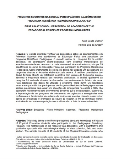 Primeiros socorros na escola: percepção dos acadêmicos do programa residência pedagógica/Unisul/Capes