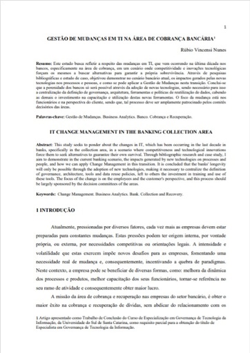 Gestão de mudanças em TI na área de cobrança bancária