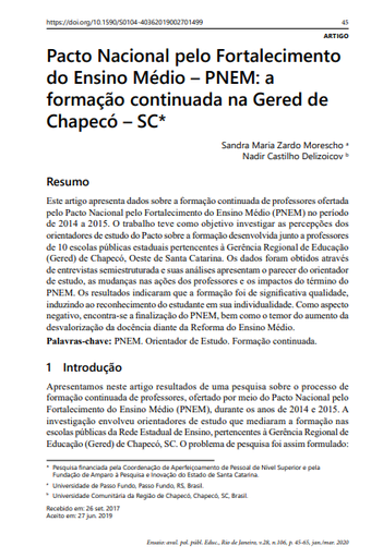 Pacto Nacional pelo Fortalecimento do Ensino Médio – PNEM: A formação continuada na Gered de Chapecó – SC
