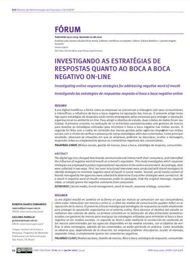 INVESTIGANDO AS ESTRATÉGIAS DE RESPOSTAS QUANTO AO BOCA A BOCA NEGATIVO ON-LINE