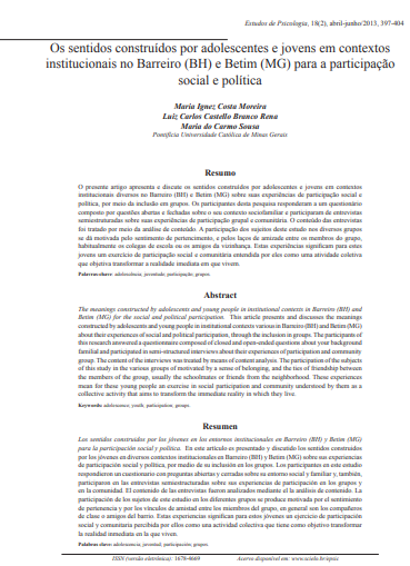 Os sentidos construídos por adolescentes e jovens em contextos institucionais no Barreiro (BH) e Betim (MG) para a participação social e política