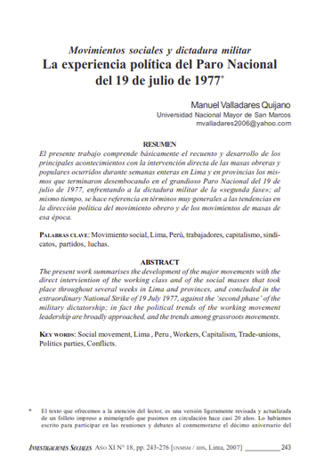 La Experiencia politica del Paro Nacional del 19 de julio de 1977