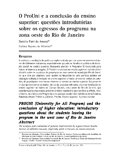 O ProUni e a conclusão do ensino superior: questões introdutórias sobre os egressos do programa na zona oeste do Rio de Janeiro