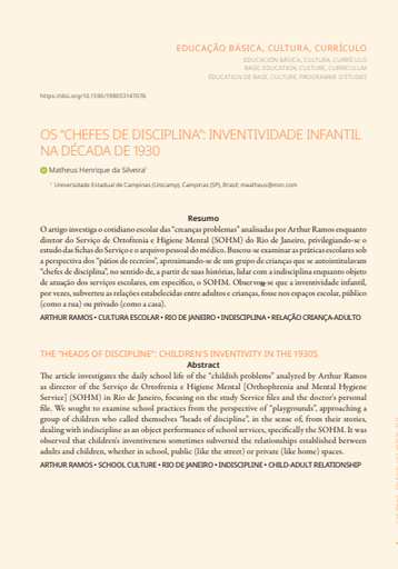 OS “CHEFES DE DISCIPLINA”: INVENTIVIDADE INFANTIL NA DÉCADA DE 1930