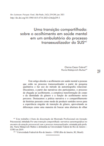 Uma transição compartilhada: sobre o acolhimento em saúde mental em um ambulatório do processo transexualizador do SUS