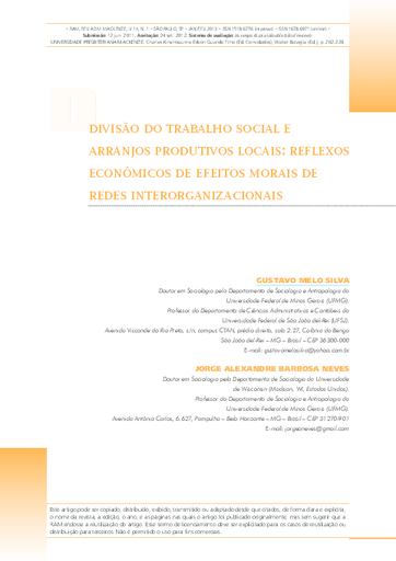 Divisão do trabalho social e arranjos produtivos locais: reflexos econômicos de efeitos morais de redes interorganizacionais