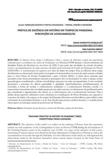 PRÁTICA DE DOCÊNCIA EM HISTÓRIA EM TEMPOS DE PANDEMIA: PERCEPÇÕES DE LICENCIANDOS/AS