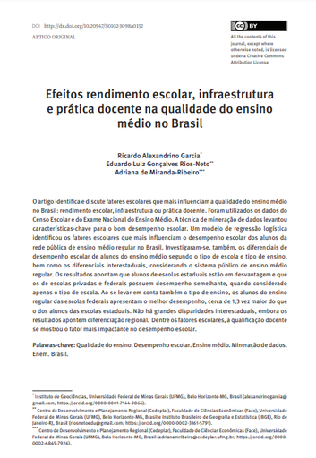 Efeitos rendimento escolar, infraestrutura e prática docente na qualidade do ensino médio no Brasil
