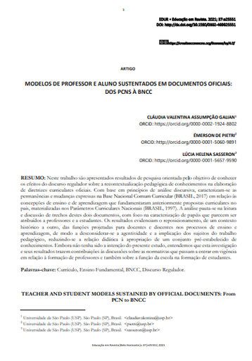 MODELOS DE PROFESSOR E ALUNO SUSTENTADOS EM DOCUMENTOS OFICIAIS: DOS PCNS À BNCC