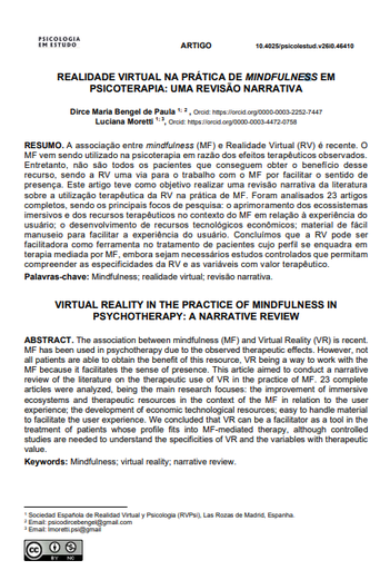 REALIDADE VIRTUAL NA PRÁTICA DE MINDFULNESS EM PSICOTERAPIA: UMA REVISÃO NARRATIVA