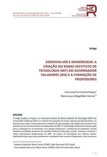 DESENVOLVER E MODERNIZAR: A CRIAÇÃO DO MINAS INSTITUTO DE TECNOLOGIA (MIT) EM GOVERNADOR VALADARES (MG) E A FORMAÇÃO DE PROFESSORES
