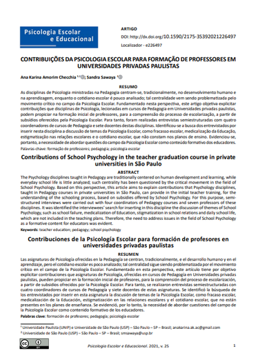 CONTRIBUIÇÕES DA PSICOLOGIA ESCOLAR PARA FORMAÇÃO DE PROFESSORES EM UNIVERSIDADES PRIVADAS PAULISTAS