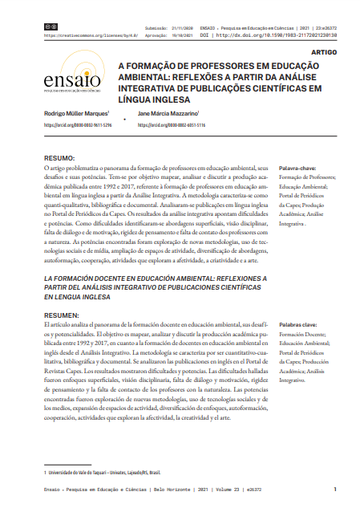 A FORMAÇÃO DE PROFESSORES EM EDUCAÇÃO AMBIENTAL: REFLEXÕES A PARTIR DA ANÁLISE INTEGRATIVA DE PUBLICAÇÕES CIENTÍFICAS EM LÍNGUA INGLESA