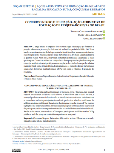 CONCURSO NEGRO E EDUCAÇÃO: AÇÃO AFIRMATIVA DE FORMAÇÃO DE PESQUISADORES/AS NO BRASIL