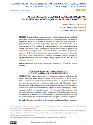 ASSISTÊNCIA ESTUDANTIL E AÇÕES AFIRMATIVAS: UM ESTUDO DAS CONDIÇÕES MATERIAIS E SIMBÓLICAS