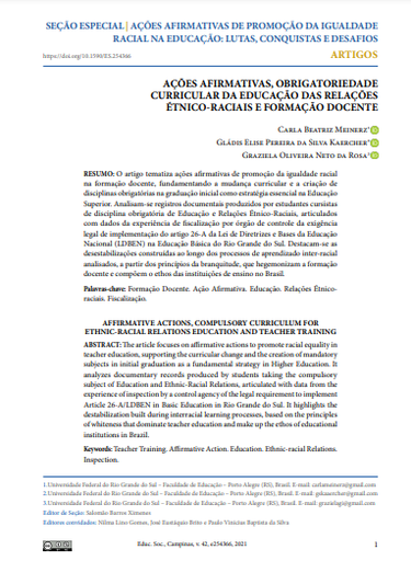 AÇÕES AFIRMATIVAS, OBRIGATORIEDADE CURRICULAR DA EDUCAÇÃO DAS RELAÇÕES ÉTNICO-RACIAIS E FORMAÇÃO DOCENTE