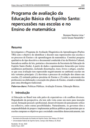 Programa de avaliação da Educação Básica do Espírito Santo: repercussões nas escolas e no Ensino de matemática