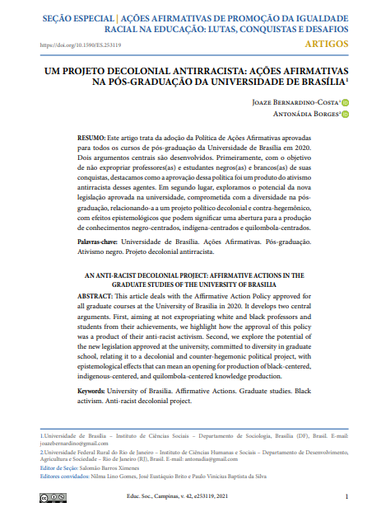 UM PROJETO DECOLONIAL ANTIRRACISTA: AÇÕES AFIRMATIVAS NA PÓS-GRADUAÇÃO DA UNIVERSIDADE DE BRASÍLIA