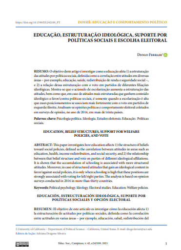 EDUCAÇÃO, ESTRUTURAÇÃO IDEOLÓGICA, SUPORTE POR POLÍTICAS SOCIAIS E ESCOLHA ELEITORAL