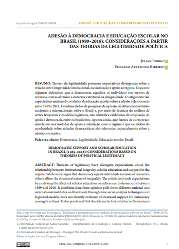 ADESÃO À DEMOCRACIA E EDUCAÇÃO ESCOLAR NO BRASIL (1989–2018): CONSIDERAÇÕES A PARTIR DAS TEORIAS DA LEGITIMIDADE POLÍTICA