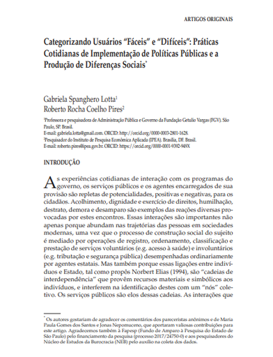 Categorizando Usuários “Fáceis” e “Difíceis”: Práticas Cotidianas de Implementação de Políticas Públicas e a Produção de Diferenças Sociais