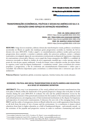 TRANSFORMAÇÕES ECONÔMICAS, POLÍTICAS E SOCIAIS NA AMÉRICA DO SUL E A EDUCAÇÃO COMO ESPAÇO DE DEFINIÇÃO HEGEMÔNICA