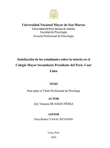 Satisfacción de los estudiantes sobre la tutoría en el Colegio Mayor Secundario Presidente del Perú- Coar Lima