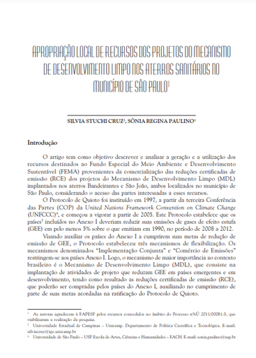 Apropriação local de recursos dos projetos do mecanismo de desenvolvimento limpo nos aterros sanitários no município de São Paulo