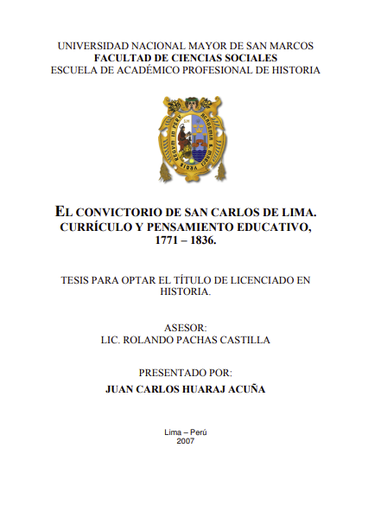 El Convictorio de San Carlos de Lima : educación, currículo y pensamiento educativo, 1771-1836