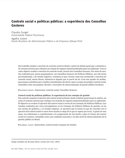 Controle social e políticas públicas: a experiência dos Conselhos Gestores