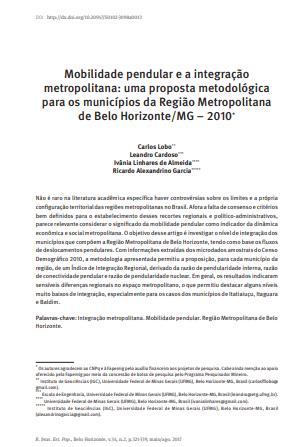 Mobilidade pendular e a integração metropolitana: uma proposta metodológica para os municípios da Região Metropolitana de Belo Horizonte/MG – 2010*