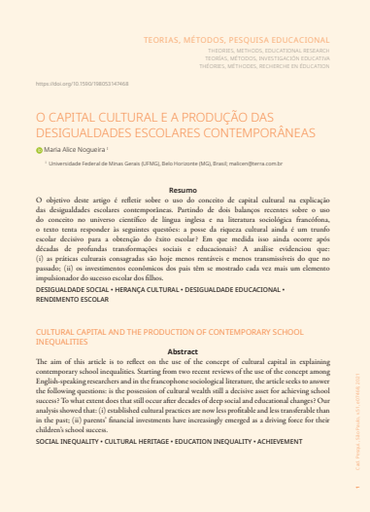 O CAPITAL CULTURAL E A PRODUÇÃO DAS DESIGUALDADES ESCOLARES CONTEMPORÂNEAS