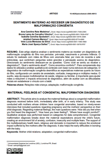 SENTIMENTO MATERNO AO RECEBER UM DIAGNÓSTICO DE MALFORMAÇÃO CONGÊNITA